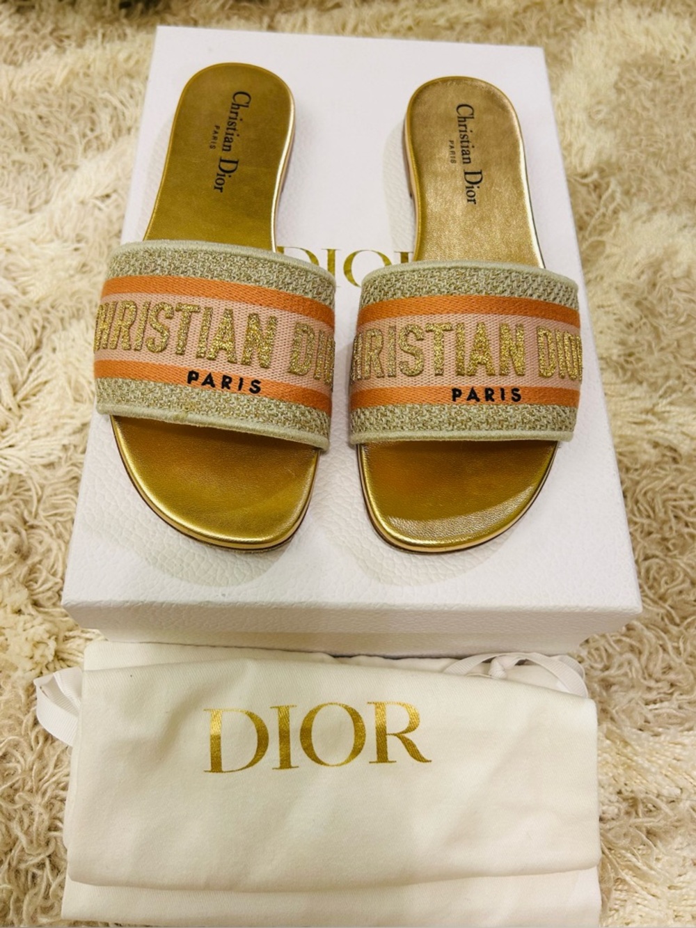 Christian Dior Dway Slide Sandals – Gold/Peach Logo – Size 37